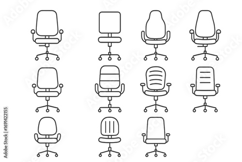 Office chair icon set collection. Line art outline icons of various ergonomic computer chairs for business furniture. Swivel armchair symbol for web and apps. Editable stroke vector.