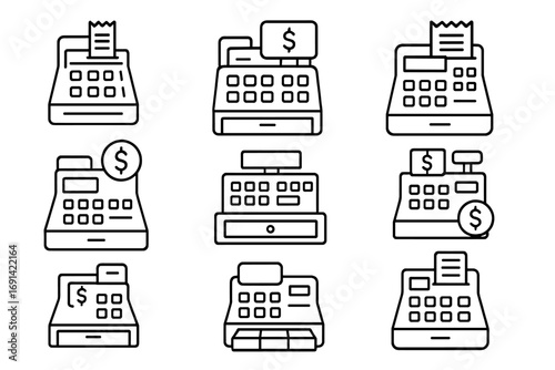 Set of cash register line icons. Minimalistic linear pictogram with editable stroke. Vector symbols for checkout, payment, sale, retail, money, finance, and shopping concepts.