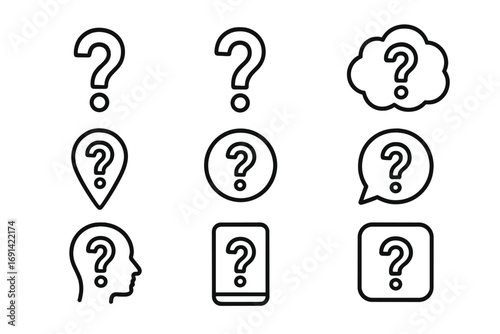 Question mark icon pack set, outline question symbols for graphic design, web, apps, adverts, cards, thought bubbles, pin, chat, head, phone, vector illustration transparent background