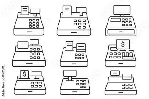 Cash register line icon set. Retail and shopping concepts. Vector illustrations for payment, checkout, transaction, sale, store, and till. Editable stroke linear pictogram pack.