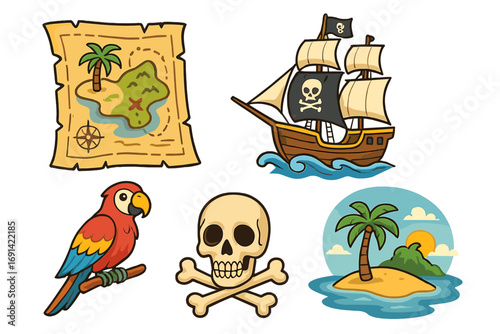 Pirate adventure elements cartoon vector set. Includes treasure map, ship with Jolly Roger flag, parrot, skull and crossbones. Tropical island and sea journey concept icons.