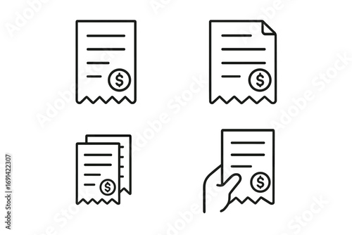 Store receipt line icon set. Concepts of bill, invoice, payment, checkout. Financial pictogram pack. Vector illustration of a purchase transaction with a dollar symbol.