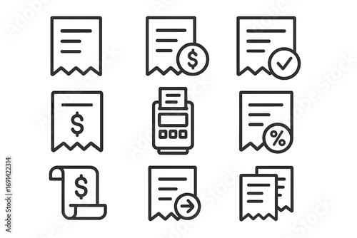 Receipt line icon set. Bill, invoice, payment symbols. Financial transaction, tax, checkout, money, cash register, POS terminal icons. Editable stroke vector for web, app.
