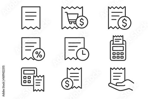 Receipt line icon set. Bill, invoice and payment outline symbols. Financial accounting, shopping purchase pictogram. POS terminal, calculator, dollar, discount percent sign.