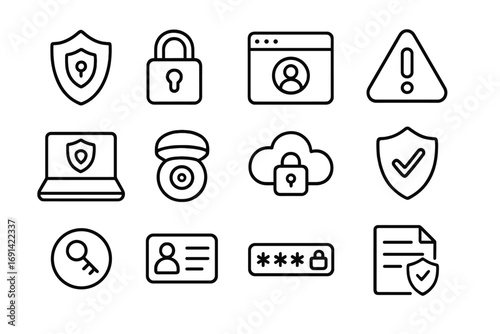 Security and data protection line icon set. Cyber security, privacy, and internet safety concepts. Vector collection with shield, lock, cloud, password, and access icons.