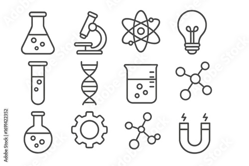 Science outline icons vector set, laboratory glassware, microscope, DNA helix, atom symbol, molecule structure, science equipment, chemistry elements, technology signs, transparent background