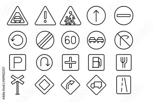 Road sign thin line icon collection with editable stroke, traffic safety symbols set for websites, apps, books, cards, vector cartoon illustration with transparent background, ordered set