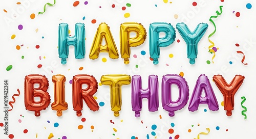 Colorful Happy Birthday foil balloons and confetti on white background celebration party