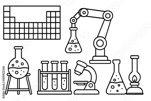 Science lab equipment icon set in linear style. Vector illustration of chemistry research symbols like periodic table, robotic arm, microscope, flask, and test tubes.