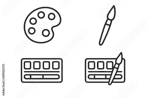 Paint palette and brush line icon set. Watercolor paintbox outline pictograms. Artist tools, art supplies minimal vector illustration. Editable stroke for creative design.