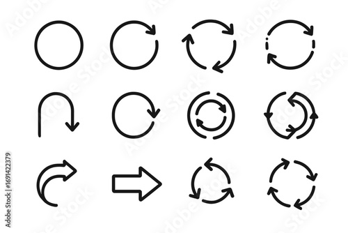 Set of arrow round related line icons with circular arrows, refresh, reload, repeat symbols, directional signs for graphic design, apps, adverts, user interface, vector cartoon illustration
