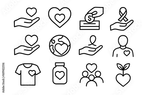 Charity and Donation Line Icons Set. Outline Symbols for Charity, Support, Fundraising, Awareness, Volunteering, Medical Care, Community, Love and Help Concepts, Vector Illustration