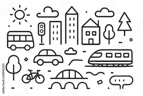 Urban doodle icon set with city elements and transportation. Minimalist line art vector illustration of cityscape, car, bus, train, and buildings. City life concept.