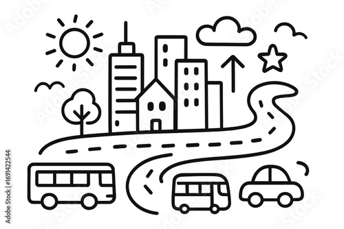 Urban doodle city elements. Minimalist transportation vector. Cartoon cityscape illustration. Line art icons with car, bus, road, buildings. Simple hand-drawn town drawing.