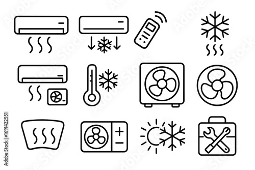 Set of cooling air conditioner icons, line art for graphic, web design, apps, ads, HVAC symbols, air cooling system, remote control, temperature, fan, heat, cold concept, repair tools vector