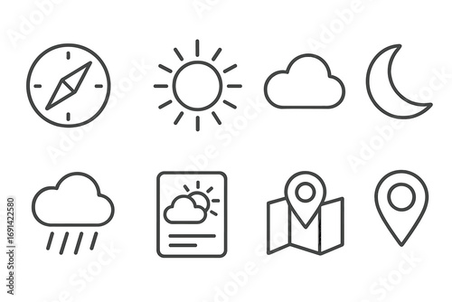Weather and navigation line icon set. Compass, sun, cloud, moon, rain and forecast icons. Meteorology, location, direction and travel symbols. GPS and climate concept vector.