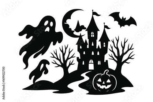 Halloween silhouette set. Spooky castle scene with ghost, bat, and jack o' lantern. Scary haunted house, creepy trees, moon and pumpkin. Vector cartoon illustration.