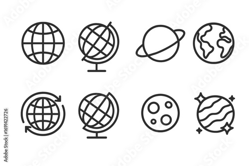 Set of Globe and Planet Line Icons, Outline Vector Signs for Graphic Design, Web Apps, Advertising, Navigation, Earth, Space, Astronomy, Celestial Bodies, Simple Cartoon Illustration