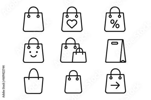 Set of shopping bags icons with outline style, including heart, smiley face, discount percentage, multiple bags, and arrow symbols for graphic design, apps, web and advertising
