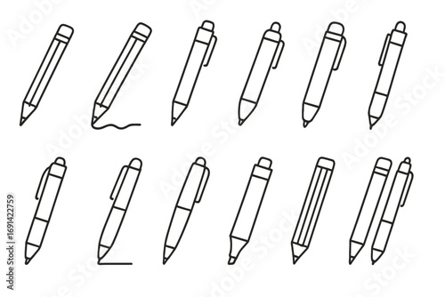 Pen and pencil thin line icon set. Collection of writing and drawing tools. Editable stroke vector illustration for web and apps. Stationery, office and school supply symbols.