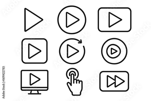 Set of Play Sign Line Icons, Outline Play Button Symbols for Graphic Design, Web, Apps, Video Media, Advertising, Interactive Cards, Vector Cartoon Illustration Transparent Background