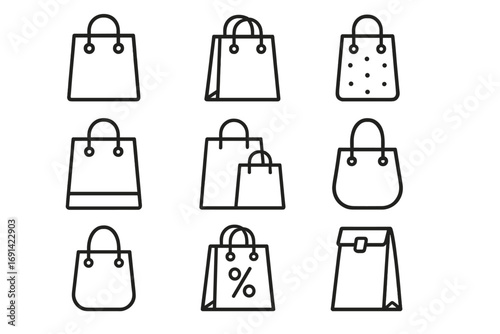 Shopping bags line icon collection, outline symbols for graphic and web design, apps, adverts, various cards, vector cartoon illustration transparent background, sale and retail concept