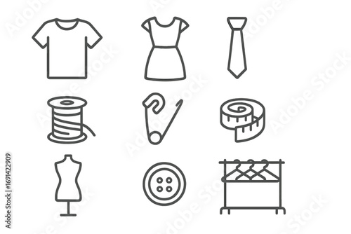 Modern Sewing and Garment Line Icon Pack for Design, Websites, Apps, Cards. Includes Linear Vector Images of T-Shirt, Dress, Tie, Measuring Tape, Mannequin, Safety Pin, Button, and Clothes Rack