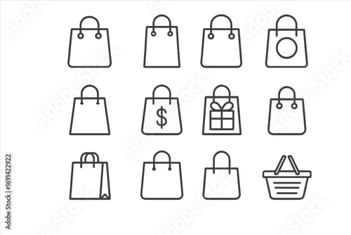 Shopping bags line icon pack, outline vector signs for graphic design, web apps, adverts, ecommerce, retail store concepts, gift and money symbols, transparent background