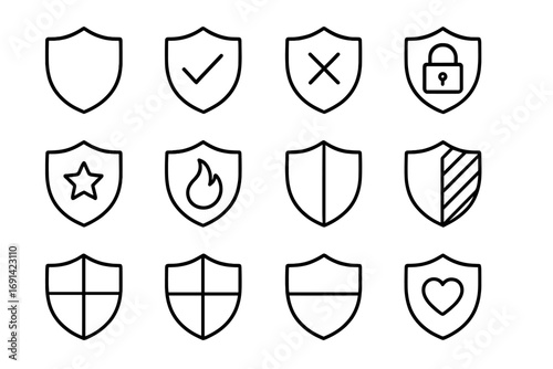 Shield bundle of thin line icons, editable stroke, simple security symbols, protection shapes, safety elements for web, apps, books, cards, vector cartoon illustrations, ordered set