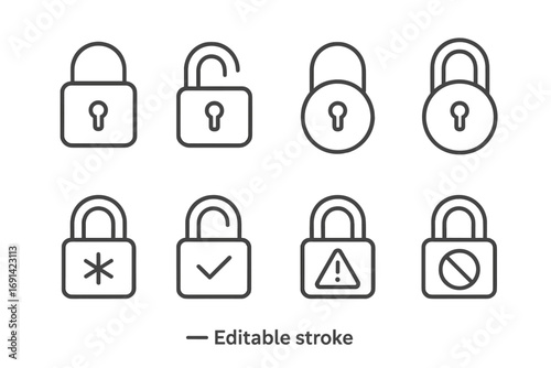 Lock line icon set. Padlock, password, and security symbols. Open, closed, and unlocked states. Vector icons for web, UI, UX design. Access, alert, and denied signs.