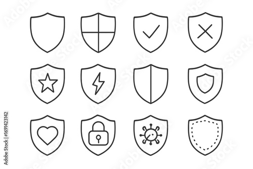 Set of shield icons with thin editable stroke design, perfect for web, books, cards, apps, security, protection, antivirus, safety, cartoon vector illustration, transparent background