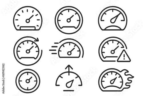 Speedometer line icon set, outline speed gauge symbols for graphic design, web, apps, adverts, dashboard, performance, car speed indicator, vector cartoon illustration with transparent background