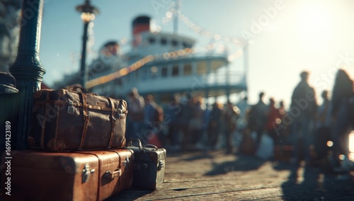 Vintage suitcases by a pier with a large steamboat