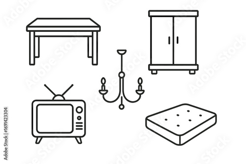 Furniture and Home Essentials Icon Set. Table, Closet, Chandelier, Vintage TV, Mattress Line Art Collection. Editable Stroke, Vector Cartoon Design for Infographics, Articles, Flyers, Banners
