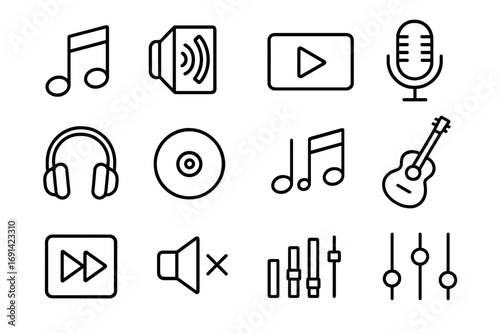 Music and audio outline icon set. Simple linear vector symbols of sound, media player, song, guitar, headphones, microphone, speaker, play button for web and mobile app UI.