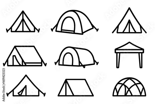 Tent line icon bundle set, outline camping tent signs for graphic design, web apps, advertising, outdoor adventure, hiking, travel, tourism vector illustration collection