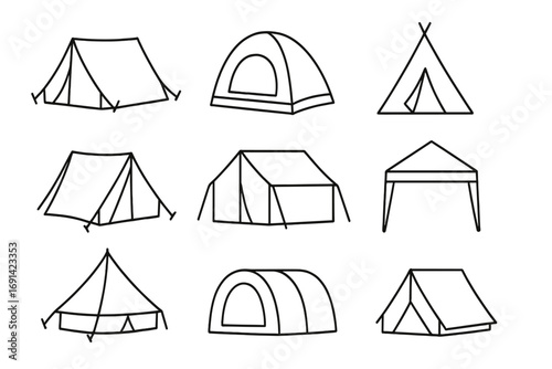 Tent line icon bundle, camping tent vector set, outline tent symbols for graphic design, web, apps, advertising, outdoor adventure icons, camping gear illustrations, transparent background