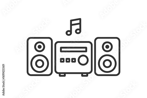 Music center line icon. Stereo audio system with speakers. Hi-fi equipment symbol. Sound player pictogram for entertainment, radio, party. Minimal vector illustration.