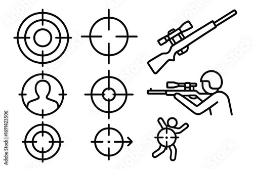 Sniper target aim vector line icon set. Crosshair, rifle, gun scope, military shooter, hunting, marksman, assassin symbol. Editable stroke illustration for design.