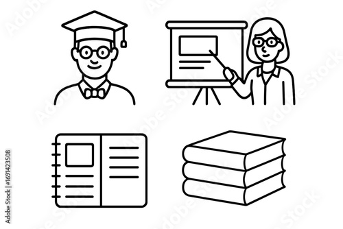 University related outline icon set with professor, teacher, presentation board, notebook, stack of books, education symbols, academic icons for infographics and banners