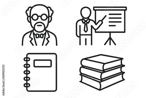 University related simple icon set with professor, teacher, presentation board, spiral notebook, and stack of books for education, learning, study, infographics, and academic articles