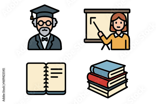 University related icon set with professor, female teacher, presentation board, notebook and stack of books. Education symbols for banners, infographics, articles, learning, study and academic design.