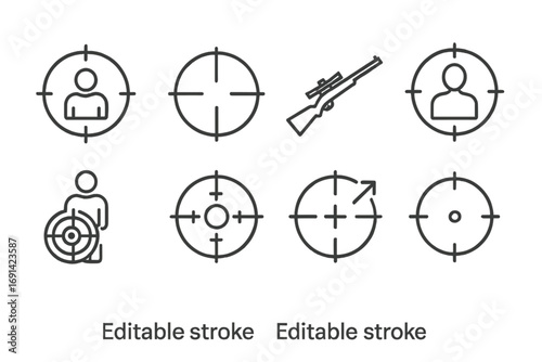 Sniper target and aim line icon collection. Vector icons of crosshair, scope, rifle, goal, focus, victim. Concept of hunting, shooting, precision, and accuracy. Editable stroke.