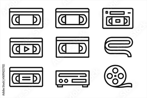 Video tape line icon pack, outline signs for graphic design, app icons, advertising, media symbols, cartoon style vector set on transparent background, retro cassette tape collection