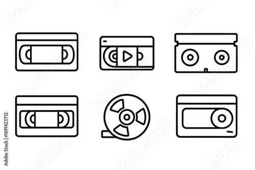 Video tape cassette icons set, outline line signs for graphic design, web, apps, adverts, media, vintage retro style, cartoon vector illustration with transparent background