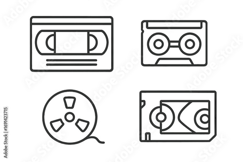 Video tape line art icons set, outline signs for graphic and web design, apps, adverts, and various cards, vintage cassette tape reel symbol illustration with transparent background
