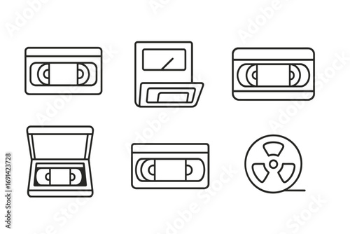Vintage video tape line icon set, cassette tape and reel symbols, outline signs for graphic design, web, apps, adverts, vector cartoon illustration, transparent background