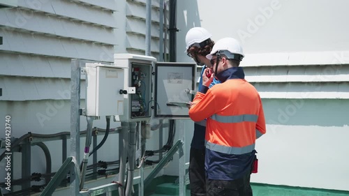 Engineers inspecting rooftop electrical equipment
