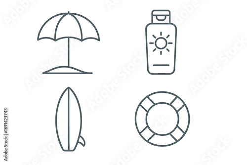 Summer beach vacation icon set. Thin line vector icons of umbrella, sunscreen, surfboard, lifebuoy for web, app design, infographics. Sun protection, water sport, safety concept.