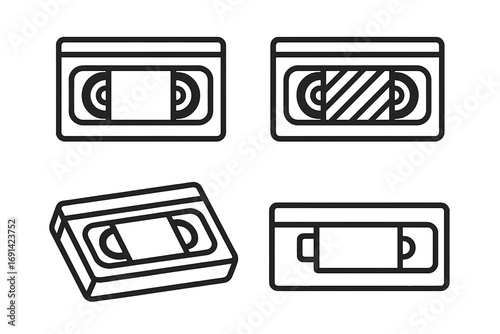 Video tape modern outline style icons collection for design apps, social networks, digital media concepts, retro cassette tape vector illustration set, transparent background